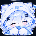 Anime girl with white hair wearing a blue cat-eared hood, smiling with closed eyes while snuggling.