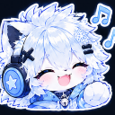 A fluffy white creature with headphones smiling happily with musical notes floating around it.