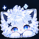 A fluffy white creature with large sparkling blue eyes peeking over its paws.