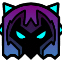 A hooded figure with a purple gradient and glowing cyan eyes staring forward.