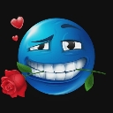 A blue emoji with a smug expression holding a red rose in its teeth with small hearts floating nearby.
