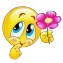 A yellow smiley face with wide blue eyes looking up bashfully while holding a pink flower in its hand.