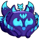 A stylized purple creature with glowing blue eyes and accents.