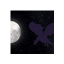 A dark dragon silhouette flying in front of a bright full moon in a starry sky.