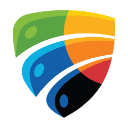 Overlapping colorful geometric shapes in green, blue, black, and orange.