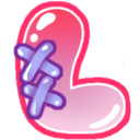 A glossy pink blob shape with two purple stitches crossing over its side.