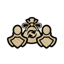 Two stylized figures flanking a money bag with a circular exchange arrow symbol in gold on a black background.