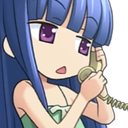 An anime girl with long blue hair and purple eyes holding a vintage telephone receiver to her ear with a bored expression.