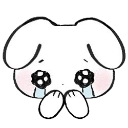 A white puppy character with large, teary eyes and hands clasped together in a pleading gesture.