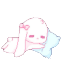 A small white bunny with a pink bow sleeping on a light blue pillow.