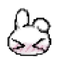 A small white bunny character with a shy, blushing expression and closed eyes.