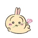A cute, blushing bunny holding a small pink flower in its mouth.