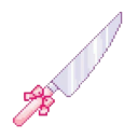 A silver kitchen knife with a pink bow attached to the handle in a pixel art style.