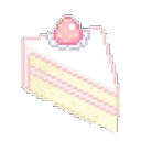 A pixel art slice of white cake topped with a single pink strawberry.