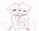 Two furry creatures embracing and kissing in a simple pink line-art style.