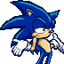 Sonic the Hedgehog shrugging with his hands raised in a pixel art style.