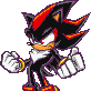 Shadow the Hedgehog character clenching both fists with a determined and angry expression in a pixel art style.