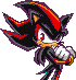 A pixel art hedgehog character with black fur and red markings looking serious.