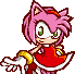A pink hedgehog character with green eyes and a red dress waving with one hand.