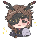 A smug anime character with brown hair, an eyepatch, and deer antlers smiling slightly.