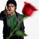Michael Jackson reaching out with a hand while a red rose appears in the foreground.