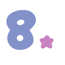 A blue number eight with a white outline next to a small pink star.