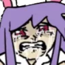 Character with purple hair and red eyes crying with an exaggerated, distressed facial expression.