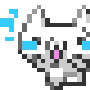 A small white pixel cat with a pink nose running away with blue motion lines.