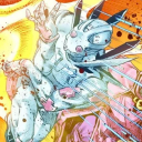 An armored anime character in a dynamic, high-impact combat pose.
