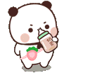 A cute white and black panda character drinks from a baby bottle and then tosses it aside with a sassy expression.