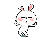 A white cartoon bunny with pink ears and cheeks posing with hands behind its head.