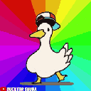 A white duck wearing a baseball cap walks rhythmically in front of a rotating rainbow background.