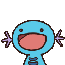 A light blue creature with a wide, happy, open-mouthed smile and purple side appendages.