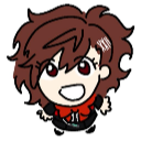 Chibi girl with brown hair and red eyes smiling widely with an enthusiastic expression.