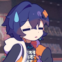 Anime character with blue hair and a sweat drop looking exhausted with closed eyes.