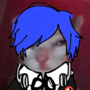 Cat with a blue wig and headphones looking unimpressed and tired.