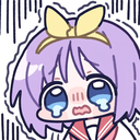 Anime girl with purple hair and a yellow bow crying with large blue tears.