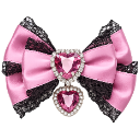 A pink and black bow decorated with two heart-shaped jewels surrounded by silver glitter.