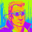 A man wearing futuristic goggles with a serious expression, rendered in high-contrast neon purple, green, and orange colors.