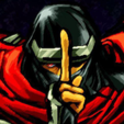 A masked ninja in a red cloak holding a finger to their lips in a shushing gesture.