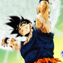 Goku looking upward while holding a glowing white energy sphere above his head.