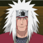 Jiraiya from Naruto with wild white hair and red face markings wearing a headband with a smug expression.