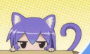 A purple-haired anime girl with cat ears peeking over a ledge and cycling through expressions of skepticism and happiness.