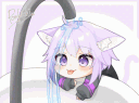 An animated anime cat girl with purple hair and cat ears cycles through various cute and curious facial expressions.