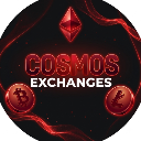 Cosmos Exchanges text with Ethereum, Bitcoin, and Litecoin logos in a dark red glowing style.