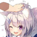 Anime girl with animal ears winking while receiving a gentle head pat from a hand.
