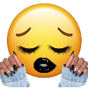 Yellow smiley face with long eyelashes and black lipstick holding its hands up with manicured nails.