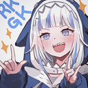 Anime girl with white hair and a blue shark hoodie smiling and making a hand sign.