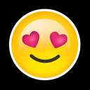 A yellow smiley face with large pink heart-shaped eyes and a gentle smile.