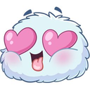 A fluffy round creature with large pink heart-shaped eyes and a wide, tongue-out smile.